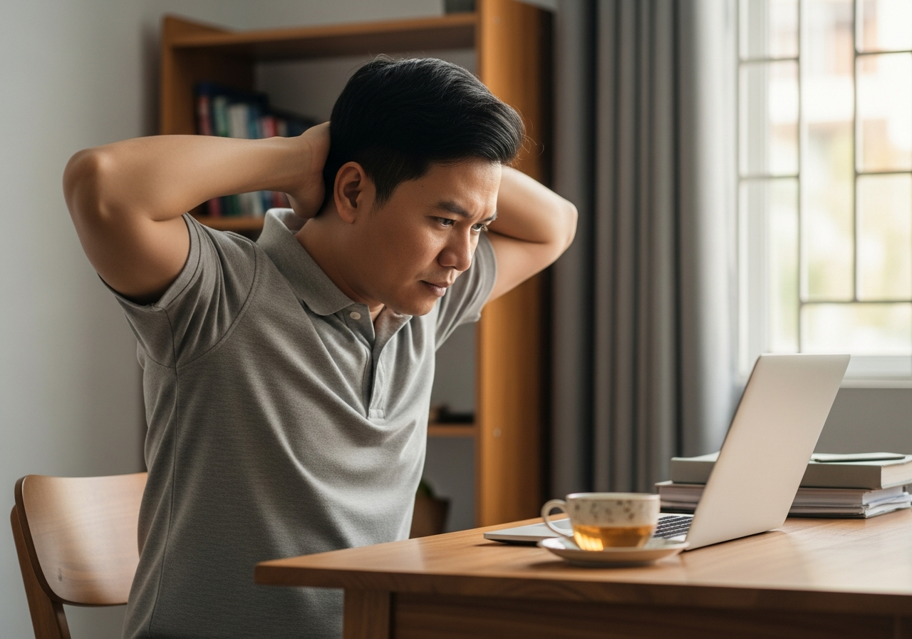 Nhân viên văn phòng ngồi gù lưng trước máy tính, vai căng cứng