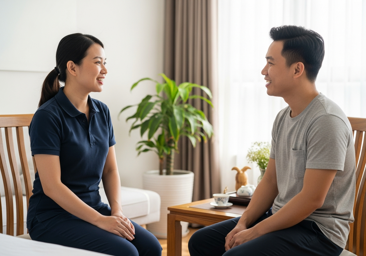 Kỹ thuật viên trò chuyện cùng khách trên ghế gỗ, giải thích sự khác biệt trước buổi chăm sóc