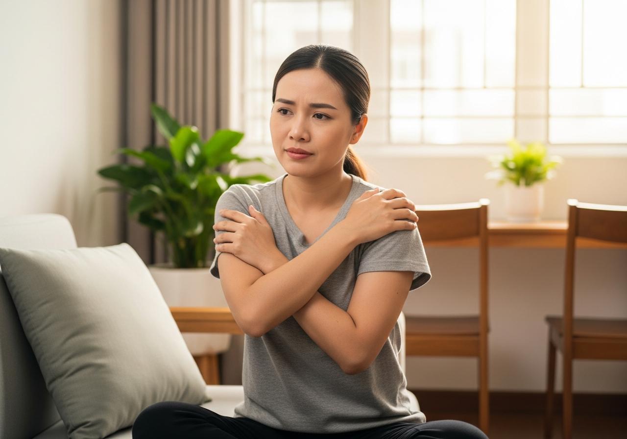 Người phụ nữ tự xoa vai một mình, vẫn hơi nhăn mặt vì chưa đỡ mỏi