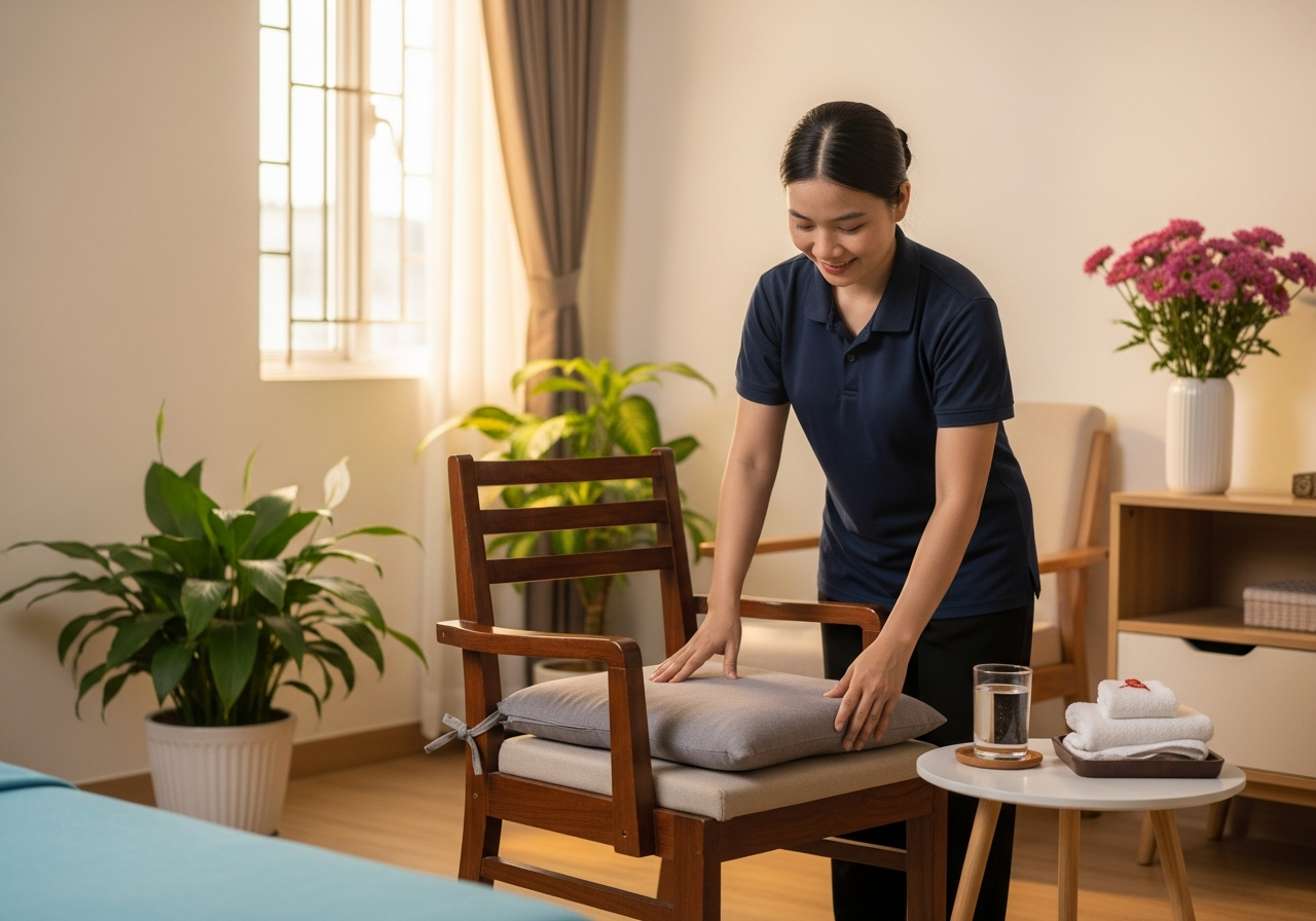Không gian phòng khách gọn gàng, kỹ thuật viên chuẩn bị trước buổi chăm sóc chuyên sâu