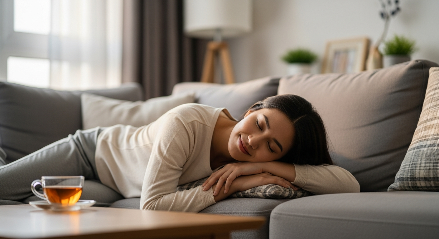 Phụ nữ thư thái trên sofa sau buổi chăm sóc tại nhà