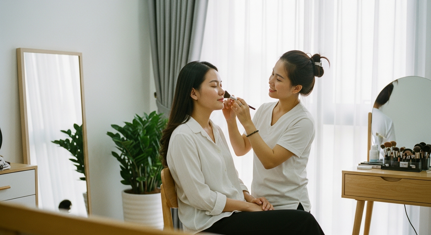 Kỹ thuật viên trang điểm cho khách ngay tại phòng ngủ, ánh sáng ấm buổi chiều