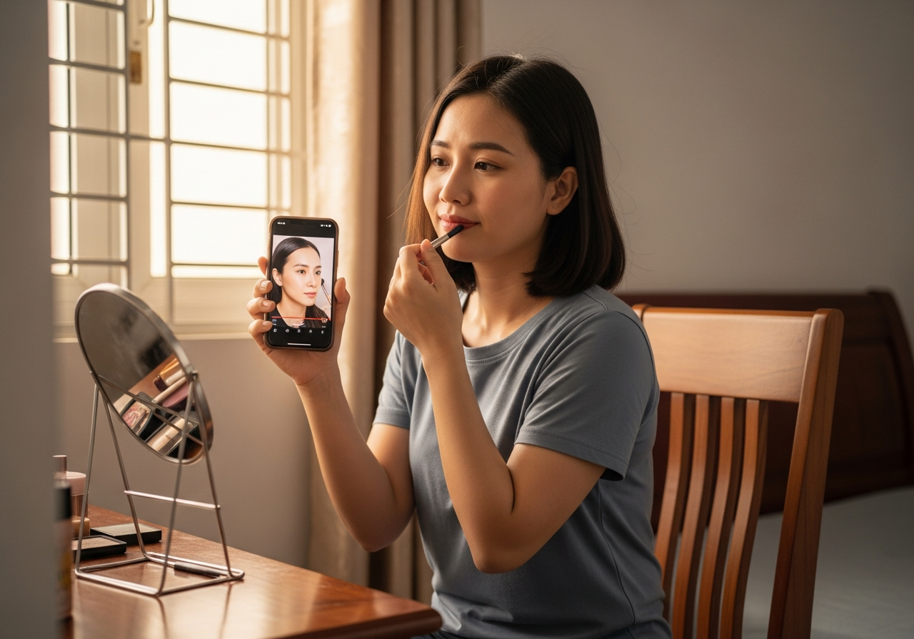 Người phụ nữ xem video hướng dẫn trang điểm trên điện thoại, lóng ngóng làm theo buổi sáng