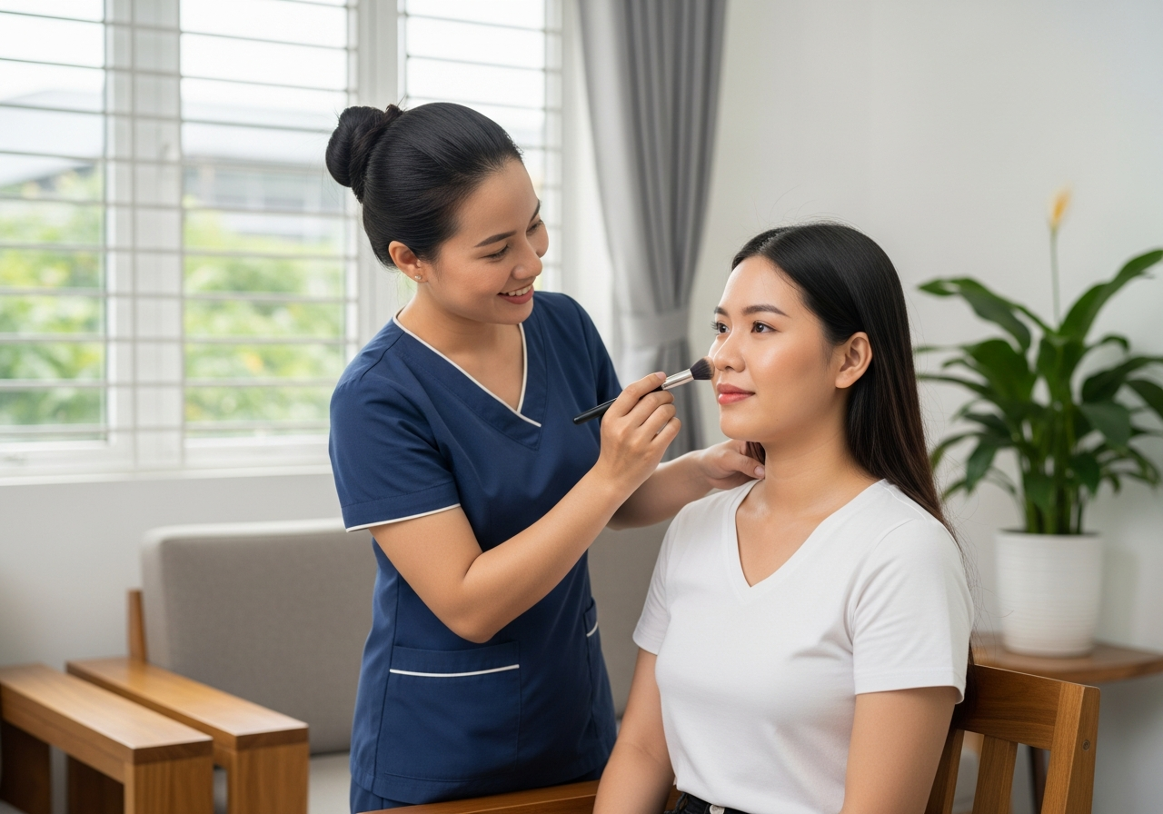 Kỹ thuật viên kiểm tra lớp trang điểm từ nhiều góc cho khách, cả hai vui vẻ thoải mái