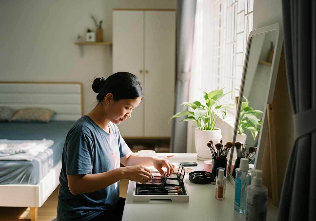 Kỹ thuật viên chuẩn bị dụng cụ trang điểm gọn gàng tại bàn trang điểm trong nhà